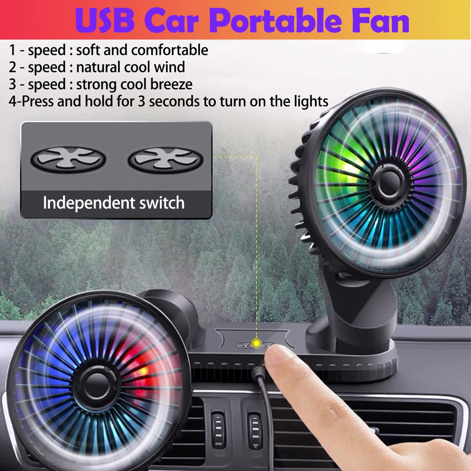 Kinowji Car Cooling Fan,360 Adjustable Dual Head Cooling Air Fan Usb Fan Vehicle Fan With Coloured Light Brushless Motor For Car